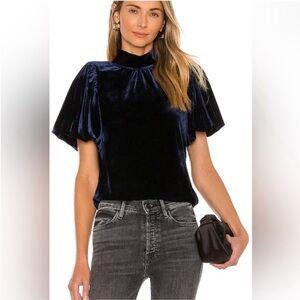 Free People Outerspace Dark Blue Velvet Puff Sleeve Tee Women's Size Small NWT